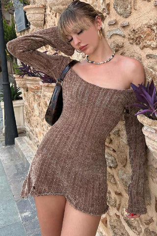 Beyprern spring outfit summer outfit dress Brown Off Shoulder Mini Dress