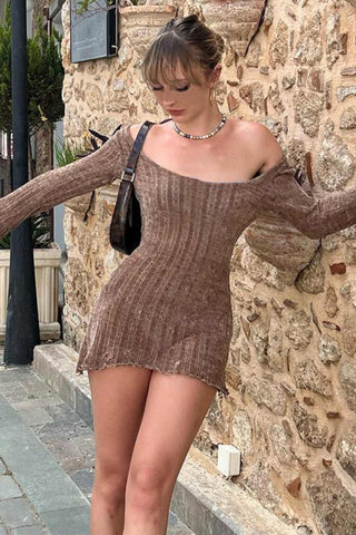 Beyprern spring outfit summer outfit dress Brown Off Shoulder Mini Dress