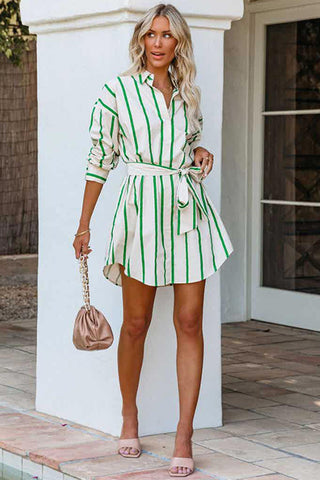 Beyprern spring outfit summer outfit dress Green Striped Print Lace-up Shirt Dress