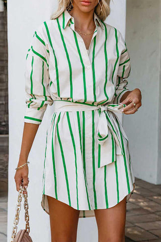 Beyprern spring outfit summer outfit dress Green Striped Print Lace-up Shirt Dress