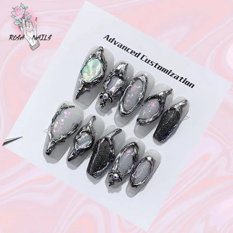 Beyprern Fake Nails y2k Rainbow Discoloration Effect Handmade Tips Shine Chameleon Flakes Hologram Mirror Manicure Gothic Press on Nails