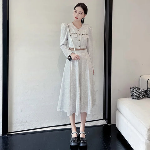 Beyprern French Small Fragrant Fashion Elegant 2 Piece Set Women Korean Sweet Long Sleeve Coat Spring Summer Short Top Midi Skirt Suits