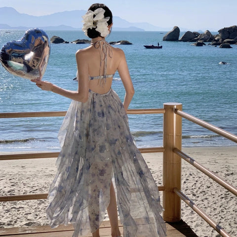 Beyprern Summer Beach Backless Chiffon Long Dresses for Women 2024 Elegant Fashion Blue Floral Sleeveless Holiday Party Female Clothing
