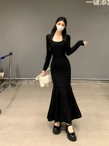 Beyprern Elegant Beautiful Midi Dresses for Women Spring New Vintage Square Neck Long Sleeves Evening Birthday Party Prom Female Clothing