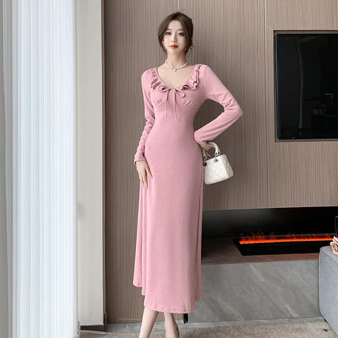 Beyprern Elegant Beautiful Ruffle Bandage Midi Dresses for Women Spring New Fashion Long Sleeve Slim Pink Casual Knitted Female Clothing