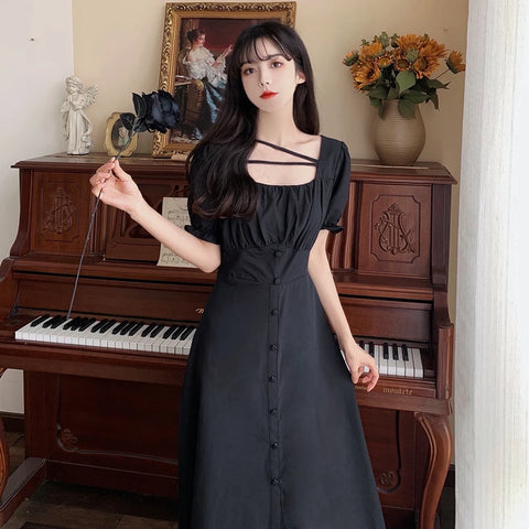 Beyprern Vintage Sexy A-line Skirt Pleated Square Neck Bubble Sleeve Stereo Cut Design Temperament Mid-length Black Dress for Women 2024