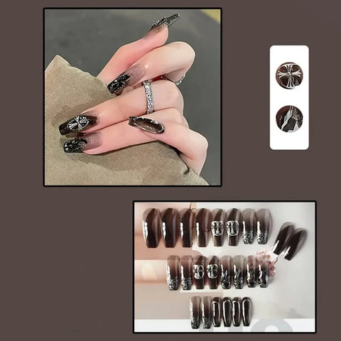 Beyprern Black Square Press On Nails with 3D Cross Designs - Full Cover Acrylic False Nails for Women and Girls Detachable Long Fake nail