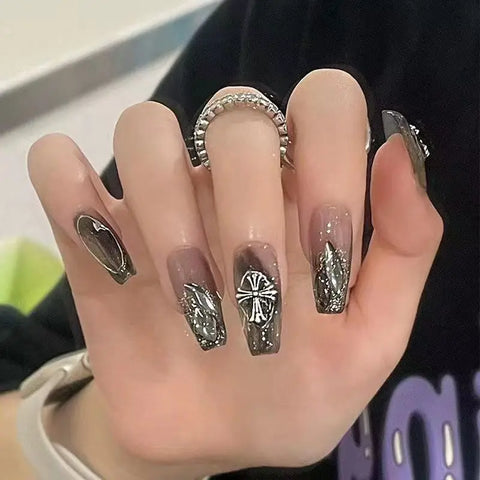 Beyprern Black Square Press On Nails with 3D Cross Designs - Full Cover Acrylic False Nails for Women and Girls Detachable Long Fake nail