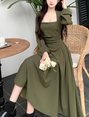 Beyprern Summer Elegant Party Casual Lady Long Dresses Retro Folds Puff Sleeves Fashionable Sexy Design Slimming Waist Green Dress