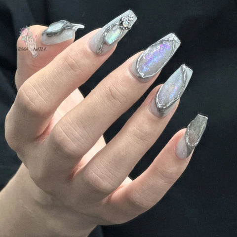 Beyprern Fake Nails y2k Rainbow Discoloration Effect Handmade Tips Shine Chameleon Flakes Hologram Mirror Manicure Gothic Press on Nails