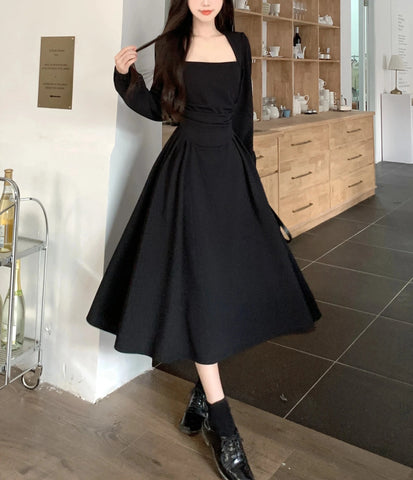 Beyprern Summer Elegant Party Casual Lady Long Dresses Retro Folds Puff Sleeves Fashionable Sexy Design Slimming Waist Green Dress
