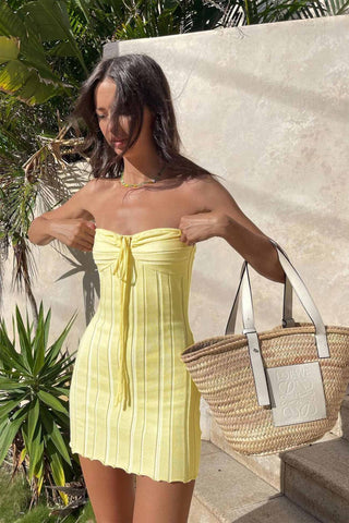 Beyprern spring outfit summer outfit dress Yellow Strapless Lace Up Knitted Dress