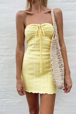 Beyprern spring outfit summer outfit dress Yellow Strapless Lace Up Knitted Dress