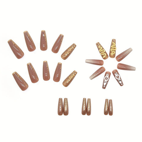Beyprern - 24pcs Fall Winter Brown Fake Nails, 3D Snake Shape Rhinestone Press On Nails With Design, Golden Foil Glue On Nails, Full Cover Extra Long Coffin False Nails For Women And Girls