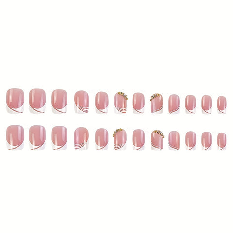 Beyprern - 24pcs Glossy Pink Press On Nails with Rhinestone Accents and French White Edge Design - Full Coverage Fake Nails for Women and Girls