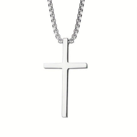 Beyprern 1pc Cross Necklace Silver Titanium Steel Necklace, Personality Fashion Hip Hop Pendant Necklace For Men