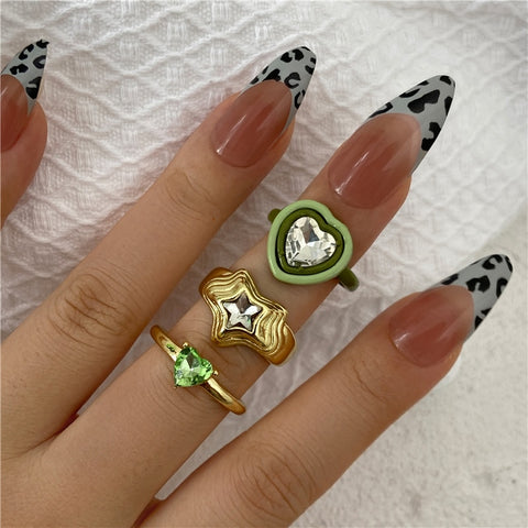 17KM Y2K Style Flower Chain Rings Set for Women Bohemian Vintage Geometric Colorful Resin Gold Metal Ring Wholesale Jewelry