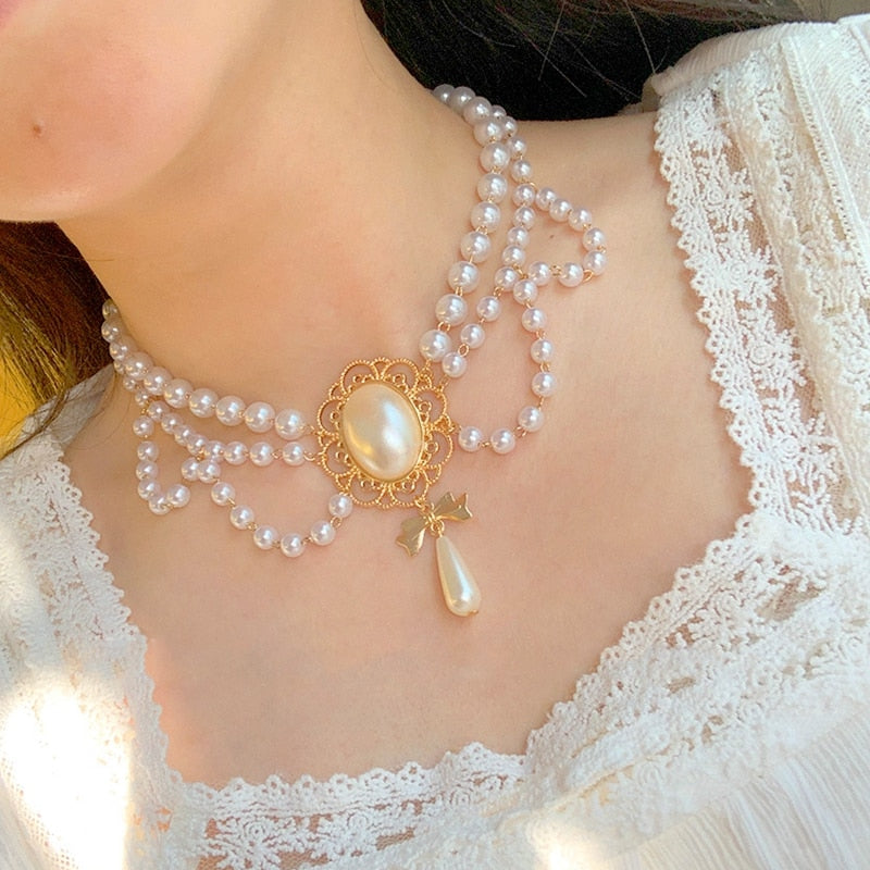 Beyprern New Vintage Style 2 Layers Pearl Choker Necklace For Women Elegant Bowknot Pendant Wedding Necklace Jewelry