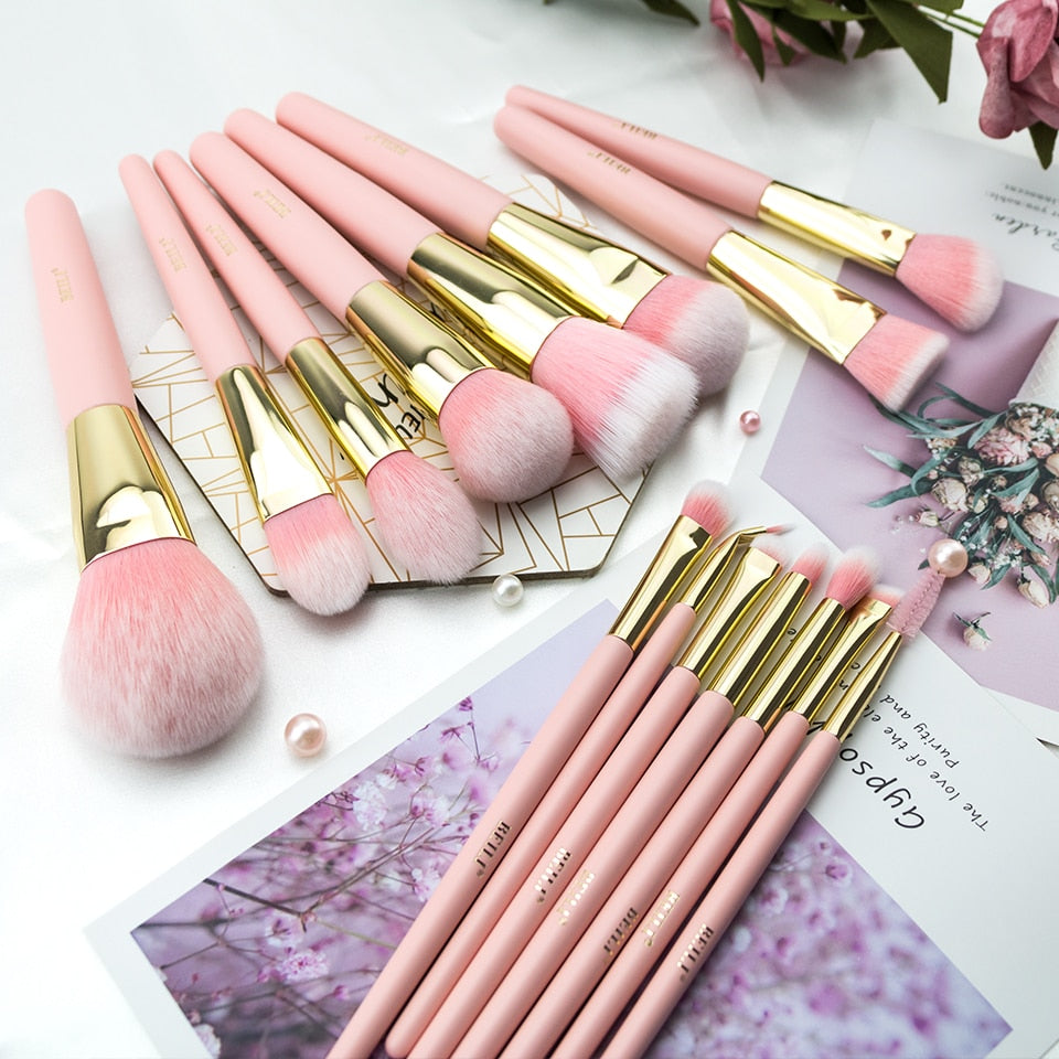 Beyprern 15Pcs Makeup Brushes Set Matte Pink Highlight Foundation Powder Eye Shadow High Quality Brochas Maquillaje Synthetic Hair
