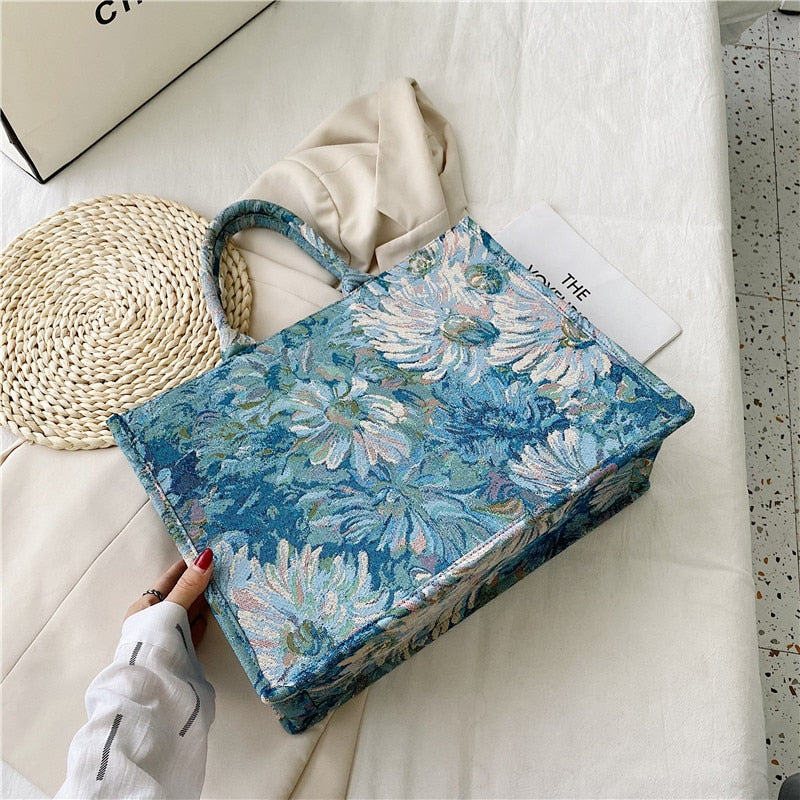Beyprern Painting Flower Luxury Brand Large Canvas Tote Summer Trends Women's Designer Handbag High Capacity To Handle Shoulder Bags