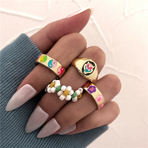 17KM Y2K Style Flower Chain Rings Set for Women Bohemian Vintage Geometric Colorful Resin Gold Metal Ring Wholesale Jewelry