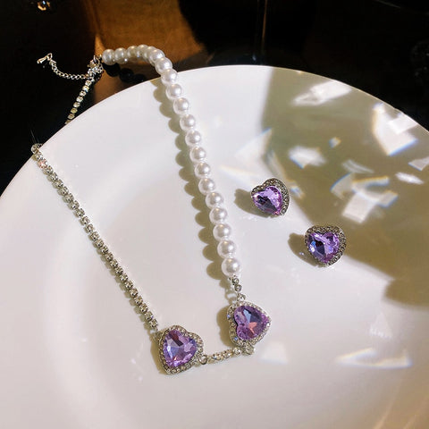 Korean Sweet Purple Heart Earrings For Women Elegant Pearl Necklace Fashion Rhinestone Chain Choker Jewelry Sets