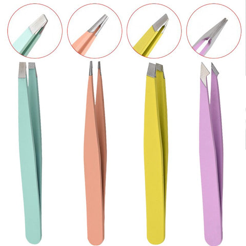 Beyprern 1/4PCS Eyebrow Trimming Tweezers Simple Flat And Oblique Mouth Eyebrow Clip Candy Color Stainless Steel Hair Removal Pliers