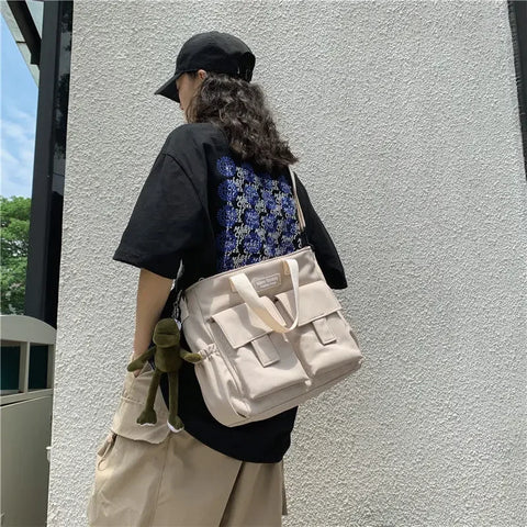 Beyprern back to school Waterproof Shoulder Bag Women's Multi Pocket Nylon Messenger Bag Preppy Canvas Handbag Women