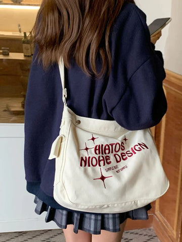 Beyprern back to school Women Canvas Tote Shoulder Crossbody Bags Large Capacity Letters Embroidered Handbags Female Travel Hobo Messenger Book Bag