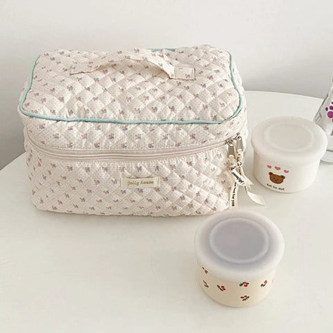 Beyprern back to school Travel Makeup Bag Women Cotton Quilted Cosmetic Bag Coquette Makeup Pouch Aesthetic Cute Kawaii Floral Toiletry Bag Handbags New