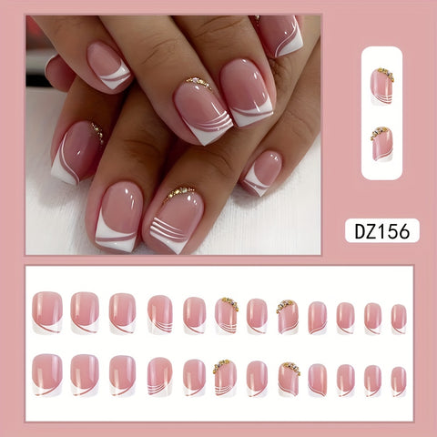Beyprern - 24pcs Glossy Pink Press On Nails with Rhinestone Accents and French White Edge Design - Full Coverage Fake Nails for Women and Girls