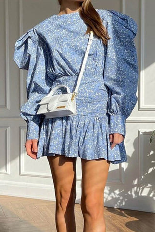 Beyprern spring outfit summer outfit dress Blue Puff Sleeve Gathered Ruffle Floral Dress