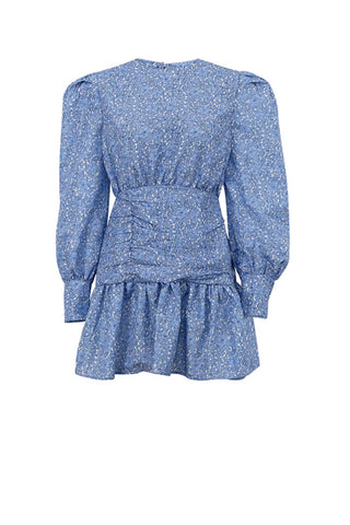 Beyprern spring outfit summer outfit dress Blue Puff Sleeve Gathered Ruffle Floral Dress