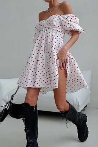 Beyprern spring outfit summer outfit dress Heart Printed Off-Shoulder Puff Sleeve Mini Dress