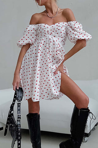 Beyprern spring outfit summer outfit dress Heart Printed Off-Shoulder Puff Sleeve Mini Dress