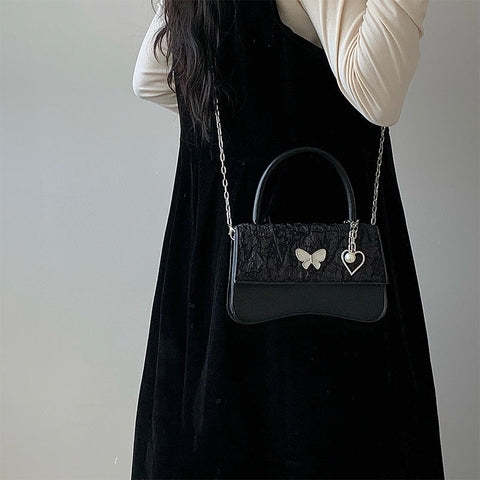 Beyprern back to school  Elena Butterfly Heart Pendant Black Faux Leather Handbag