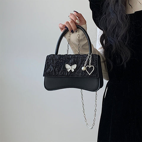 Beyprern back to school  Elena Butterfly Heart Pendant Black Faux Leather Handbag