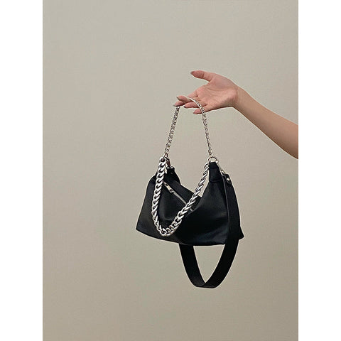 Beyprern back to school  Eline Faux Leather Black Double Silver Chain Handbag