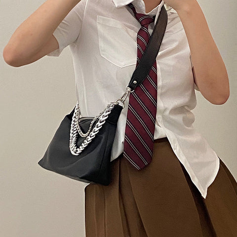 Beyprern back to school  Eline Faux Leather Black Double Silver Chain Handbag