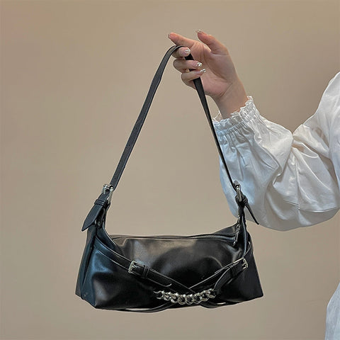 Beyprern back to school  Felia Faux Leather Double Buckle Cuban Chain Handbag