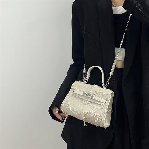 Beyprern back to school  Paula Distressed Cloth Faux Leather Pearl Strap Handbag