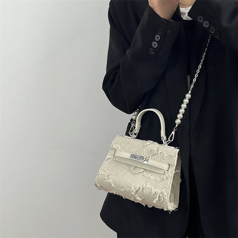 Beyprern back to school  Paula Distressed Cloth Faux Leather Pearl Strap Handbag