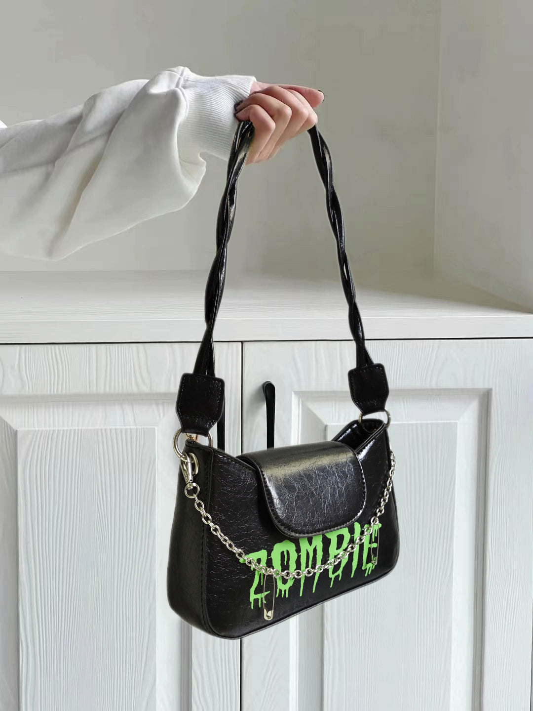 Beyprern back to school  ZOMBIE Faux Leather Black Chain Strap Handbag