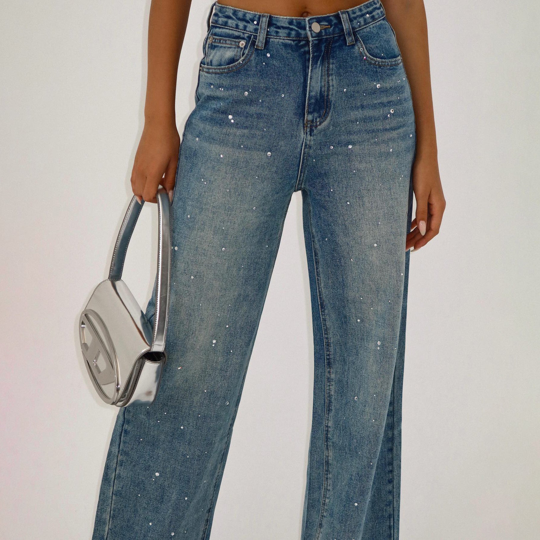 outfit ideas for school Street Style Low Waist Rhinestone Straight Jeans 2024 New Versatile American Retro Distressed Denim Long