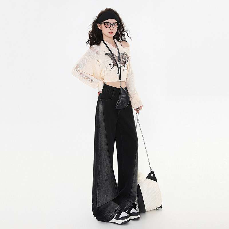 baggy Black Gray Early Autumn Versatile High Waist Wide Leg Women's Straight Design Draping Mop Pants