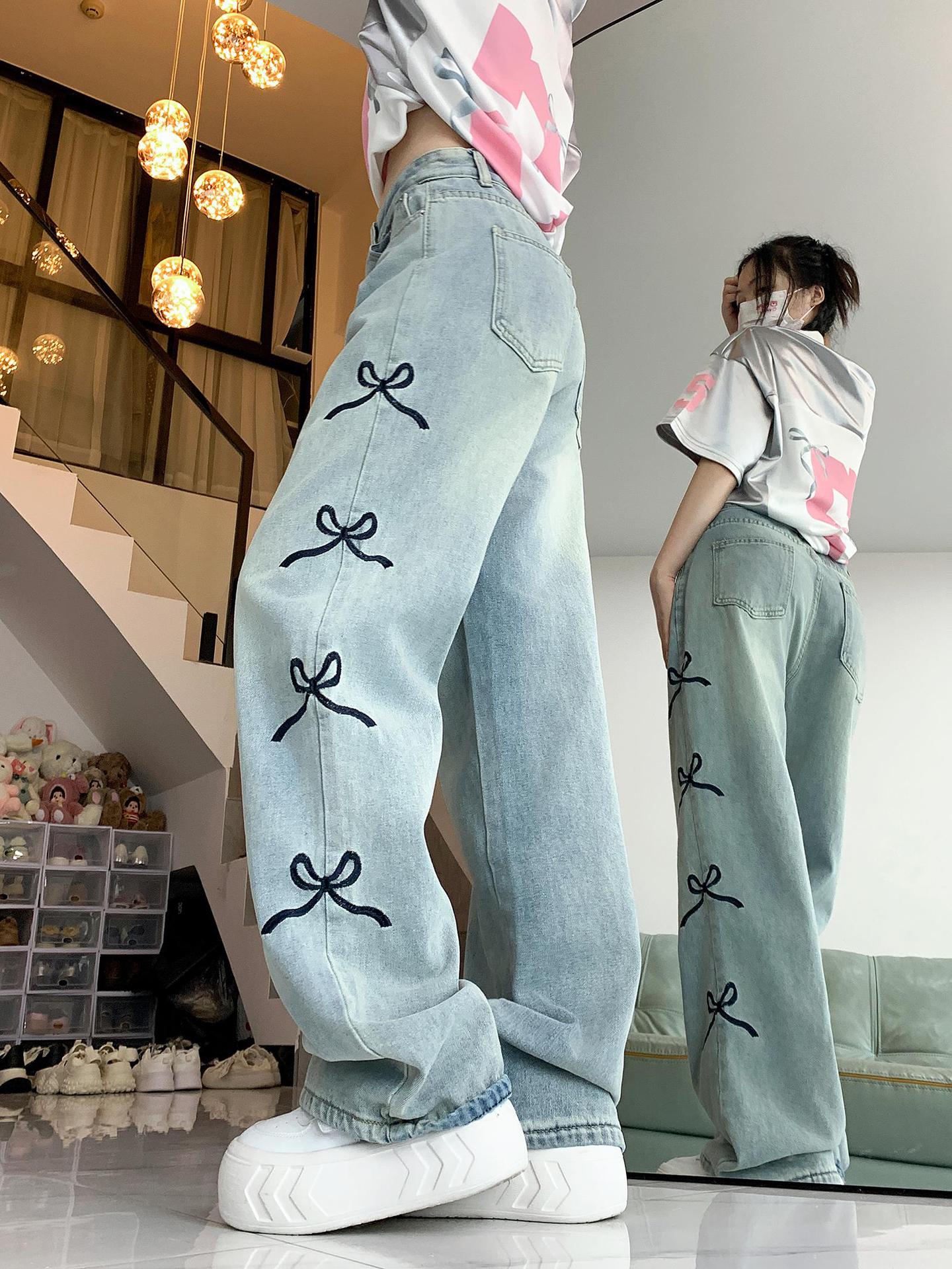 back to school fits Design Bow Embroidered Jeans Wide-Leg Pants Women's High Waist Straight Pants Mopping Pants