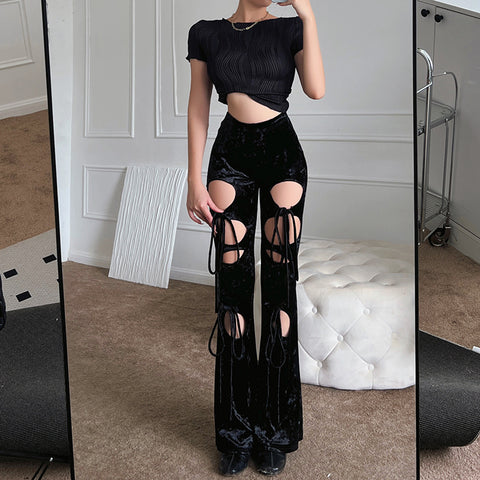 concert outfit ideas Spring and Autumn Style Street Design Versatile Pants Tight Slimming Velvet Hollow Lace-up Hot Girl Flared Pants for Women