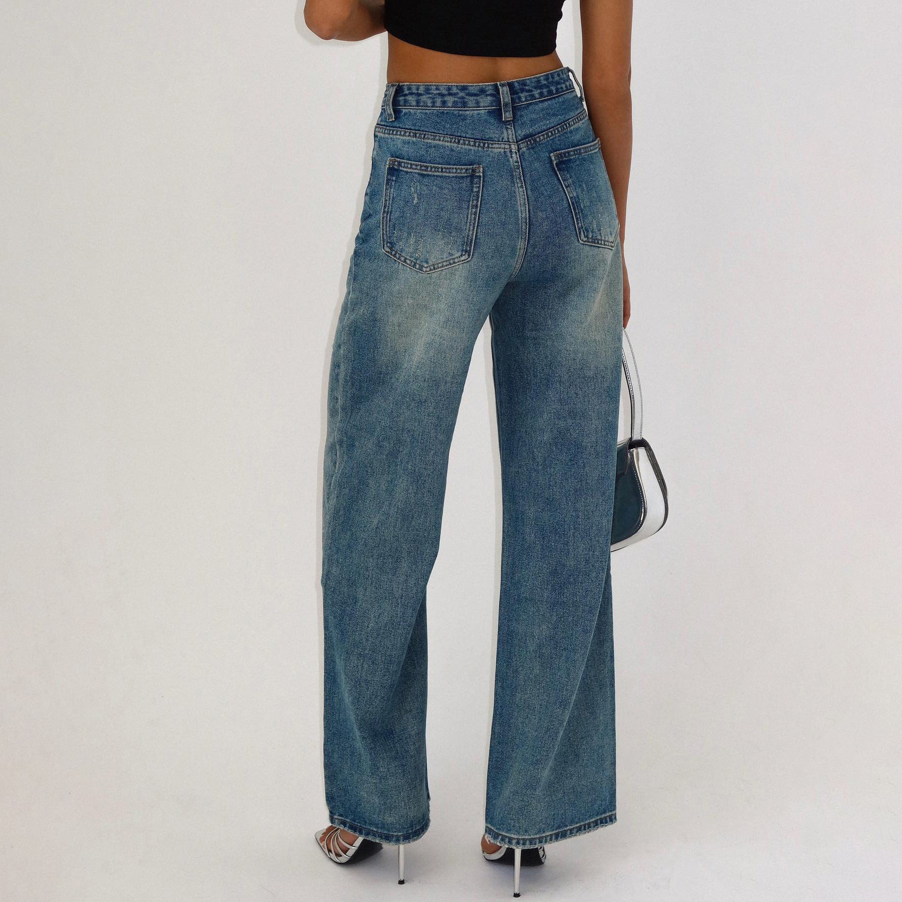 outfit ideas for school Street Style Low Waist Rhinestone Straight Jeans 2024 New Versatile American Retro Distressed Denim Long