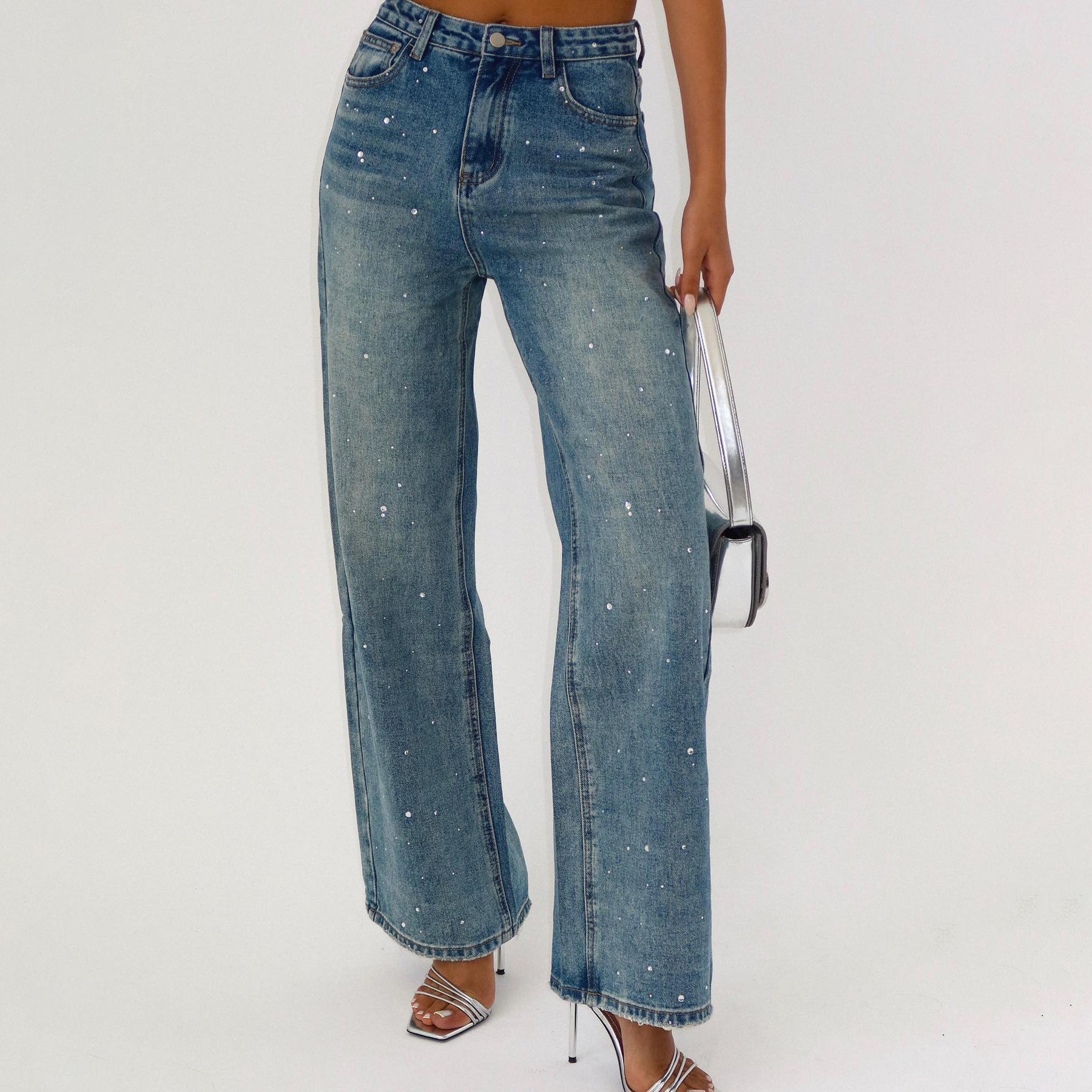 outfit ideas for school Street Style Low Waist Rhinestone Straight Jeans 2024 New Versatile American Retro Distressed Denim Long