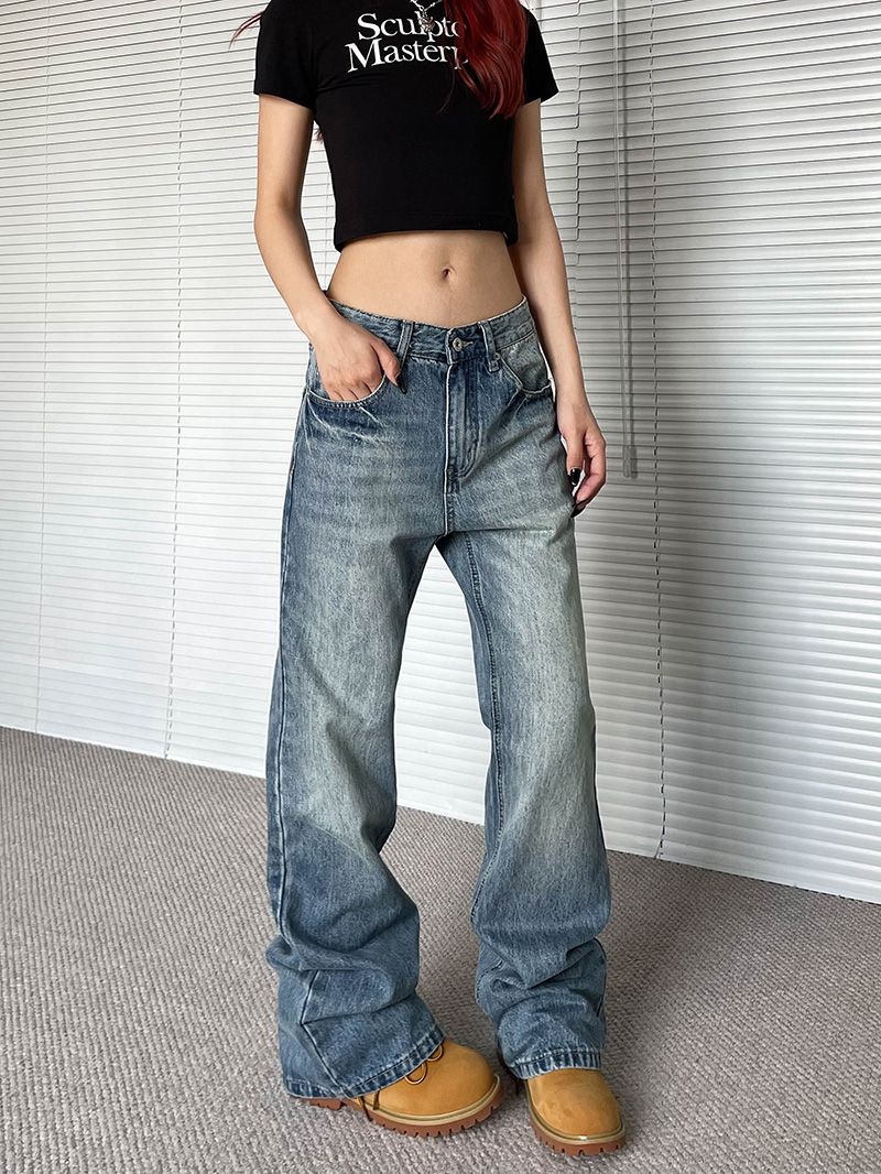 outfit ideas for school Plus Size American Retro Washed Micro Flared Jeans Women's Spring and Autumn New High Street Slimming All-Match Straight Long Pants